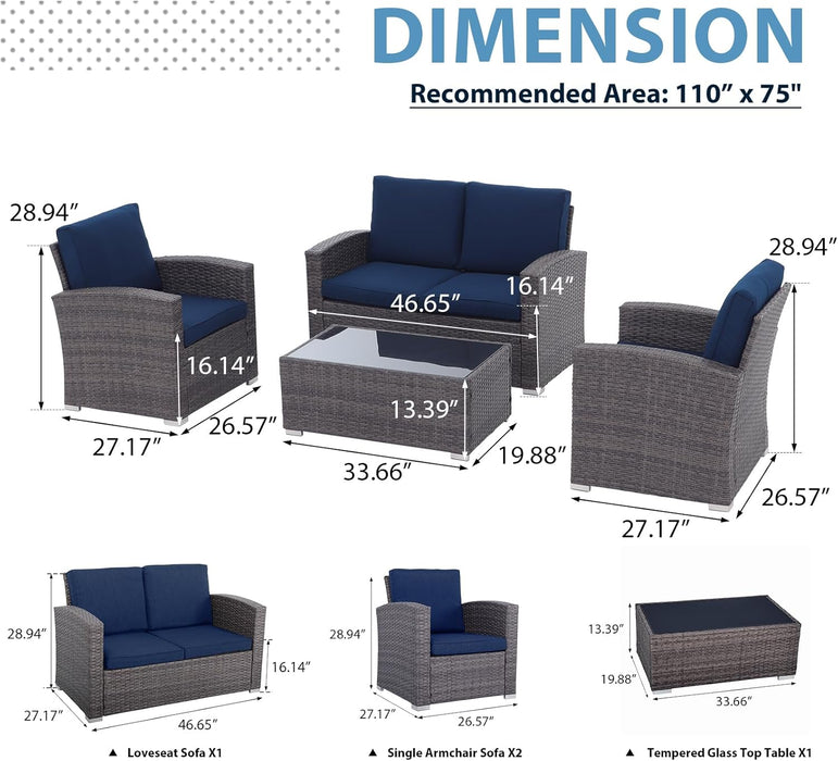 Patio Furniture Set, 4 Piece Outdoor Patio Conversation Set, All-Weather PE Rattan Wicker Sectional Patio Sofa Set with Tempered Glass Coffee Table for Family Gatherings, Navy Blue
