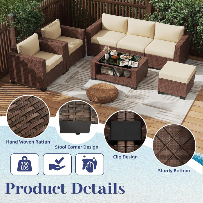 Patio Furniture Set 7 PCS Patio Conversation Sets, All-Weather PE Rattan Outdoor Sectional Sofa with Cushion and 2- Tier Glass Coffee Table（Brown/Beige）