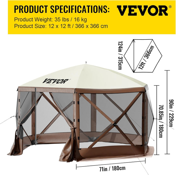 12 * 12Ft 6 Sided Pop-Up Canopy Shelter Tent with Mesh Windows, Portable Carry Bag, Stakes, Large Shade Tents for Outdoor Camping, Lawn and Backyard, Brown/Beige