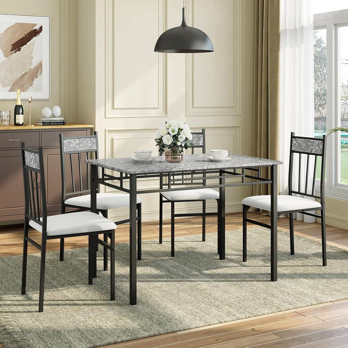 5 Piece Dining Table Set for 4, Faux Marble Kitchen Table and Chairs Set of 4, Vintage Rectangular Dining Room Table with Cushion Padded Seat, Metal and Wood Dining Set Kitchen Furniture, Grey