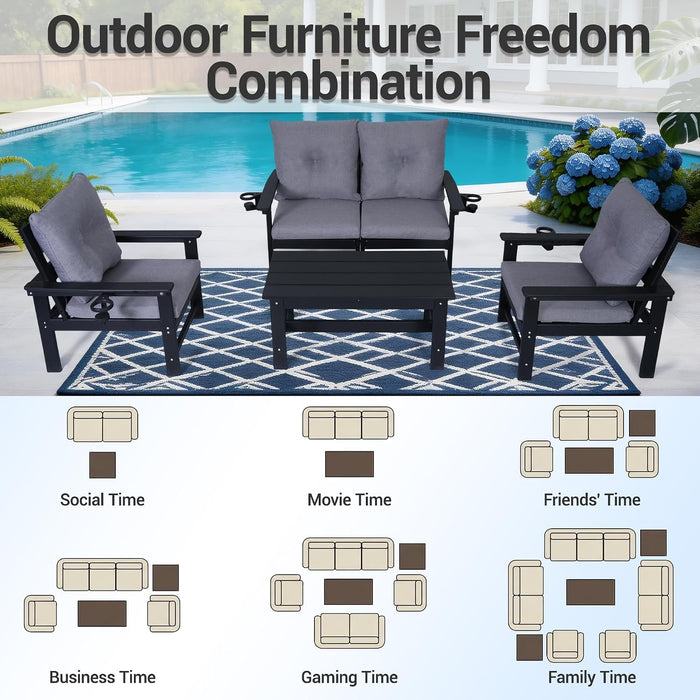 5-Piece HDPE Patio Conversation Set W/ 4 Cup Holders, All-Weather Outdoor Sectional Furniture, Thick Washable Cushions, Coffee Table & Side Table for Backyard Porch Poolside, Black