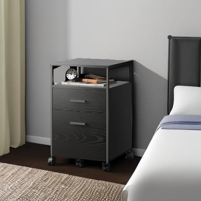 2 Drawer File Cabinet, Mobile Printer Stand with Open Storage Shelf, Wood Filing Cabinet Fits A4 or Letter Size for Home Office, Black