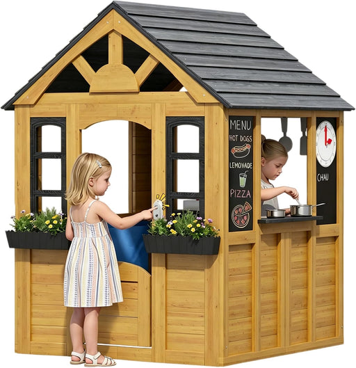 Kids Outdoor Wooden Playhouse With Kitchen Playground