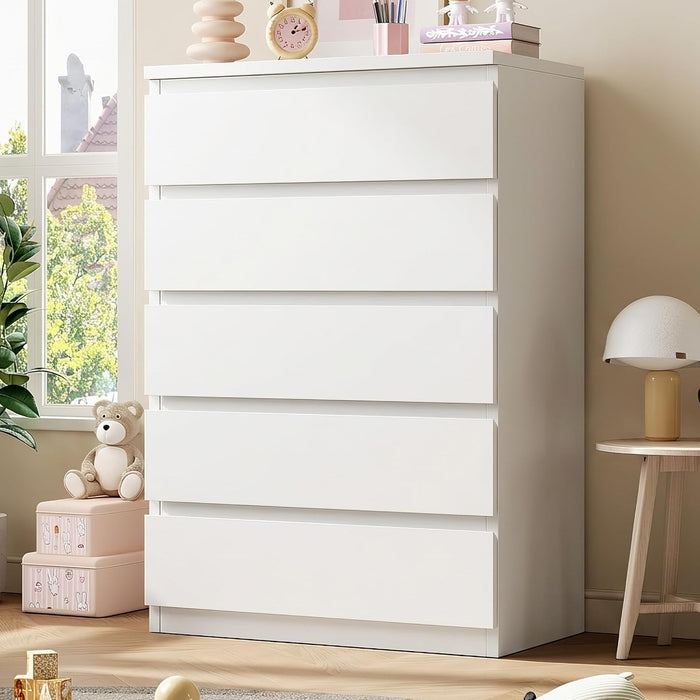 5 Drawer Dresser for Bedroom, White Dresser Chest of Drawers, Tall Dressers for Bedroom with Handleless Drawers, 15" D X 23.7" W X 40.4" H Storage Dressers for Living Room, Hallway and Entryway-White