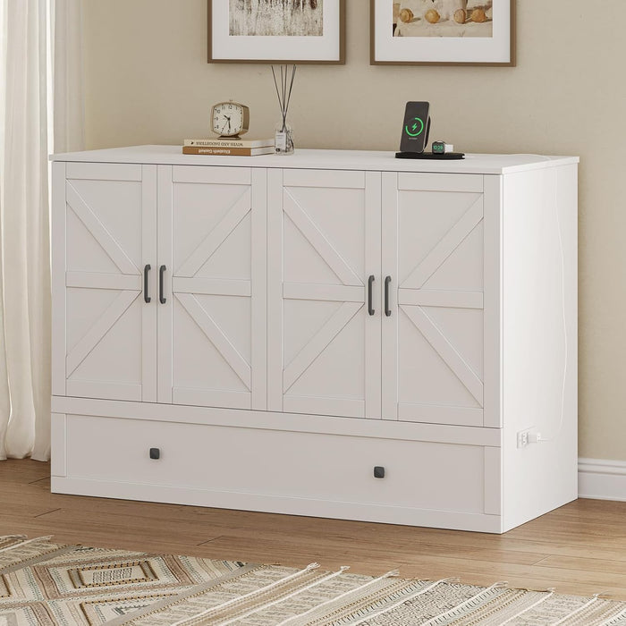 Full Size Murphy Bed with Charging Station - Wall Mounted Hideaway Cabinet Bed, Foldable Panel & Large Storage Drawer for Home Office,Small Room,Guest Bedroom,Living Room, White