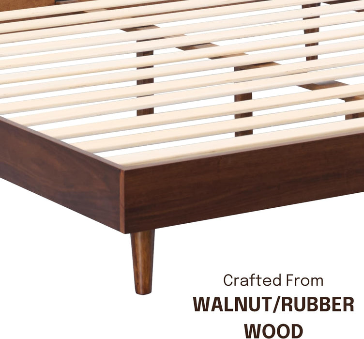 Fly Wooden Bed Frame without Headboard, Crafted from Walnut, Rubber Wood with Silent Slats and Wood Central Supports, 1000 Lb Capacity, Effortless Assembly, Queen - Dark Walnut