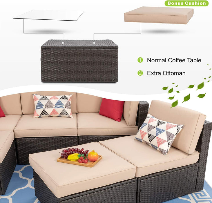 6 Pieces Outdoor Patio Furniture Set, PE Wicker Rattan Sectional Sofa Patio Conversation Sets with Coffee Table for Garden, Backyard, Poolside (Beige)