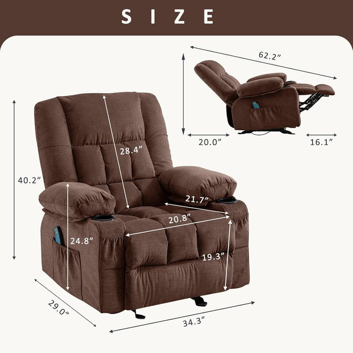 Massage Rocker Recliner Chair with Vibration Massage and Heat Ergonomic Lounge Chair for Living Room with Rocking Function and Side Pocket, 2 Cup Holders, USB Charge Port