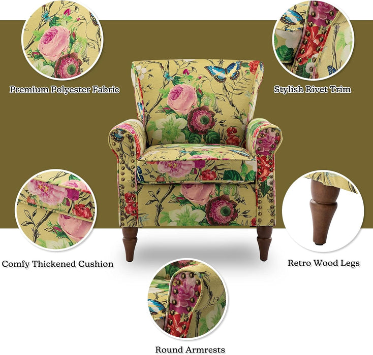 Modern Wingback Accent Chair with Wood Legs & Removable Cushion, Comfy Upholstered Armchair with Nailhead Trim, Floral Pattern Single Sofa Chair for Living Room Bedroom, Mustard