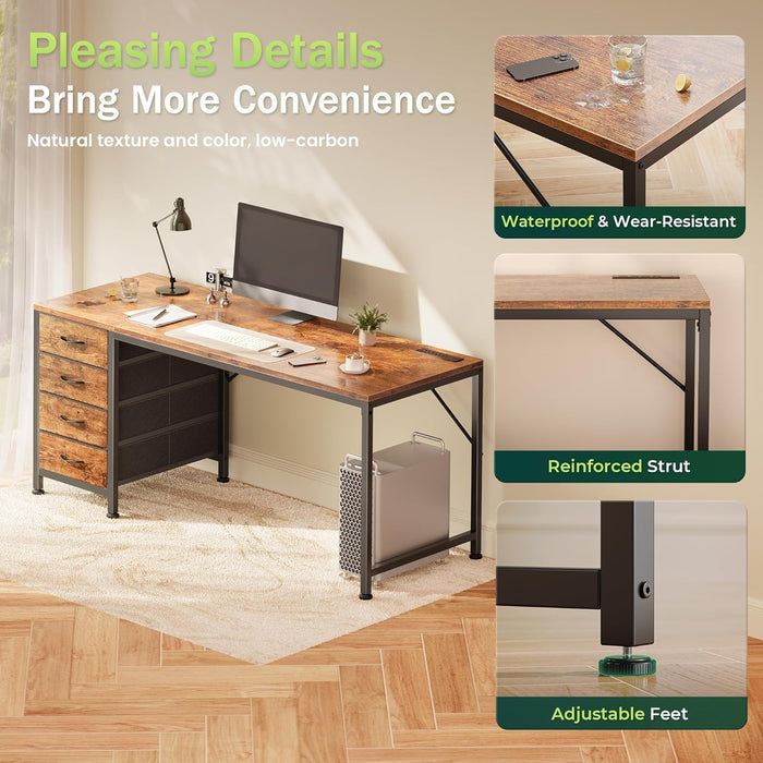 55.1 Inch Computer Office Desk with Power Outelts and USB-C Port, Reversible Gaming Desk with 4 Fabric Drawers, Work Study Desk Work from Home, Rustic Brown
