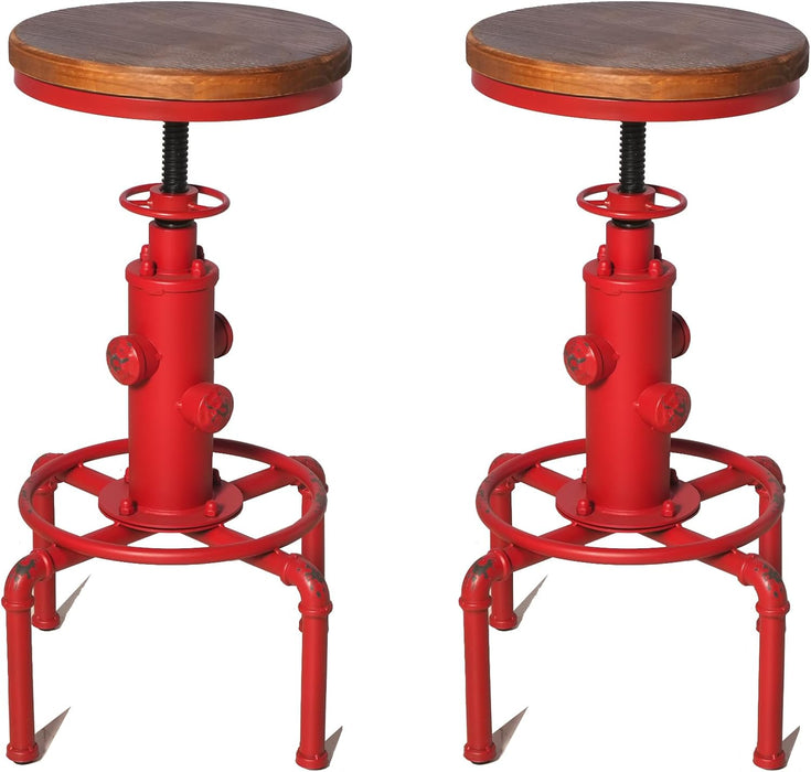 Aged Antique Vintage Industrial Barstool Solid Wood Water Pipe Fire Hydrant Design Cafe Coffee Industrial Bar Stool Set of 2 Antique Red