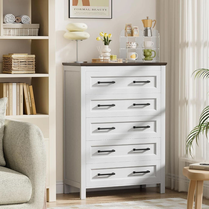 White Dresser Tall for Bedroom,Wooden 5 Drawer Dresser for Nursery,Chest of Drawers for Bedroom, Closet Storage Organizer for Living Room, Hallway, Closet (Brown&White)
