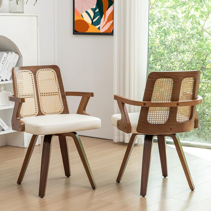 Walnut Dining Chairs - Swivel Rattan Dining Chairs with Bentwood Frame with Ergonomic Cane Back, Curved Arms, MCM Dining Chairs for Kitchen/Restaurant/Living Room/Conference (Walnut Beige, Set of 2)