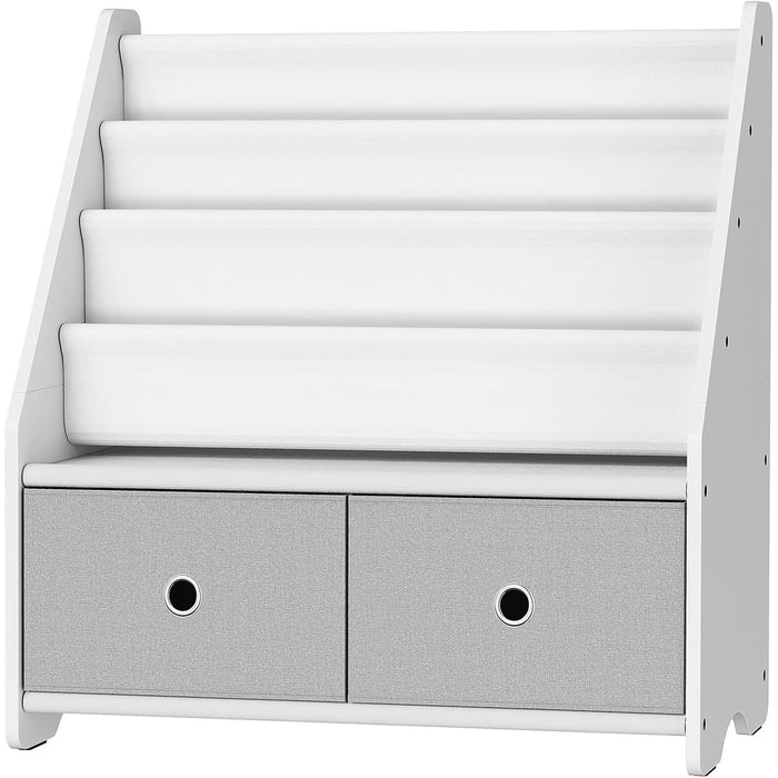Kids Bookshelf and Toy Storage, 4 Tier Large Capacity Kids Book Rack, Sling Kids Bookcase, for Kids Room, Nursery, Playroom, White and Gray MCW06WT