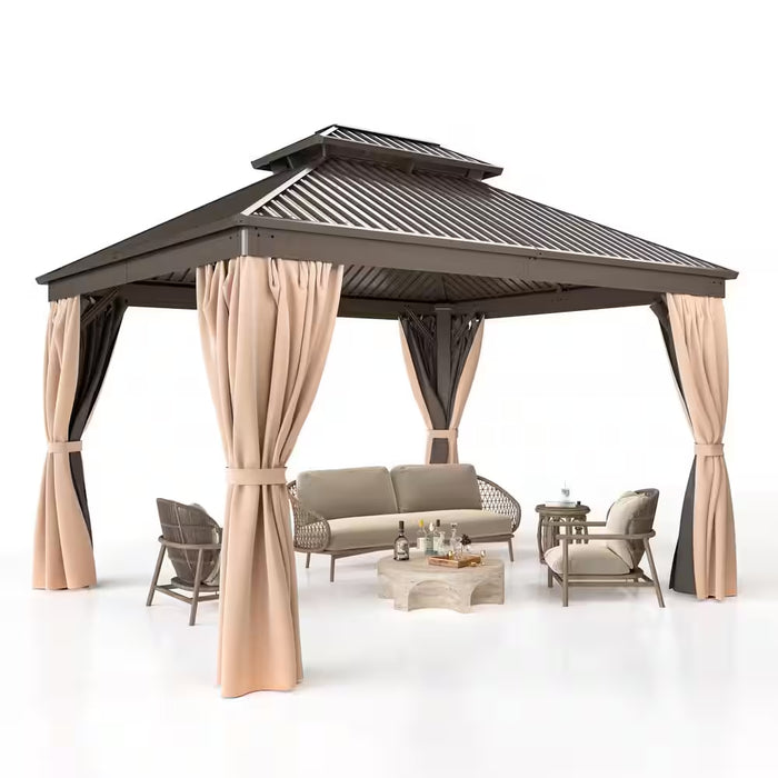 10 Ft. X 12 Ft. Hardtop Gazebo with Aluminum Frame, Galvanized Steel Double Roof Gazebo with Nettings and Curtains