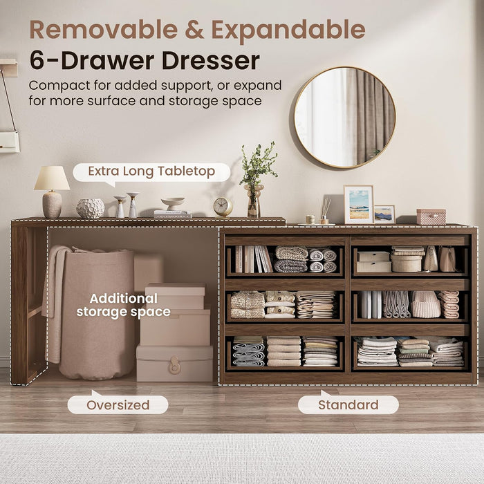6 Drawer Double Dresser for Bedroom, L Shaped Modern Simply Chest of Drawers, Wood Storage Corner Dresser with Anti-Tipping for Living Room Entryway Home Office, Walnut