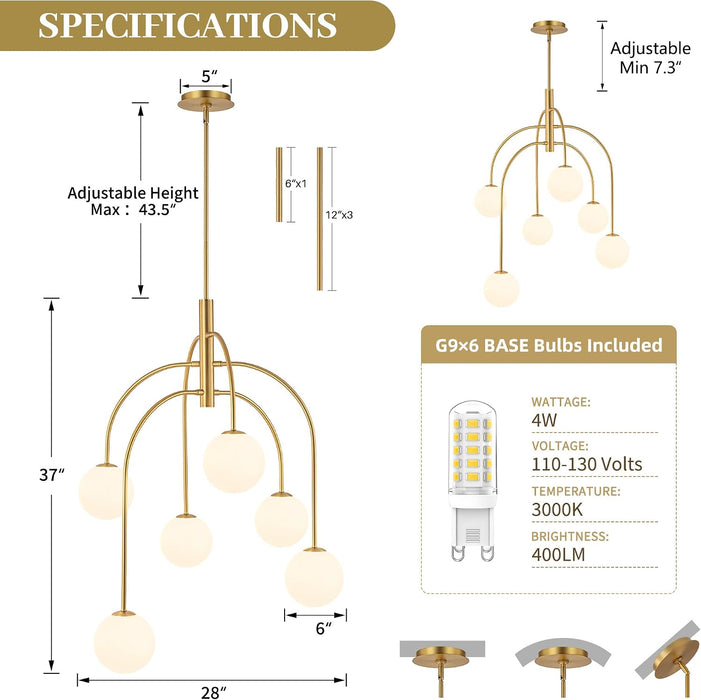 6 Lights Mid Century Modern Chandelier, Milk Glass Globe Chandelier Light Fixture with Gold Metal & White Ball, Large Pendant Lighting Ceiling Hanging for Dining Room Kitchen Island Entryway