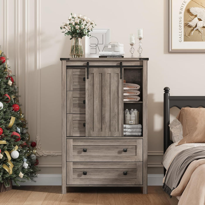 Farmhouse 5 Drawer Dresser for Bedroom, 48 in Tall Wood Dresser Chest of Drawer with Sliding Barn Door, Adjustable Shelf, Storage Organizer for Bedroom, Hallway, Living Room, Kitchen, Grey
