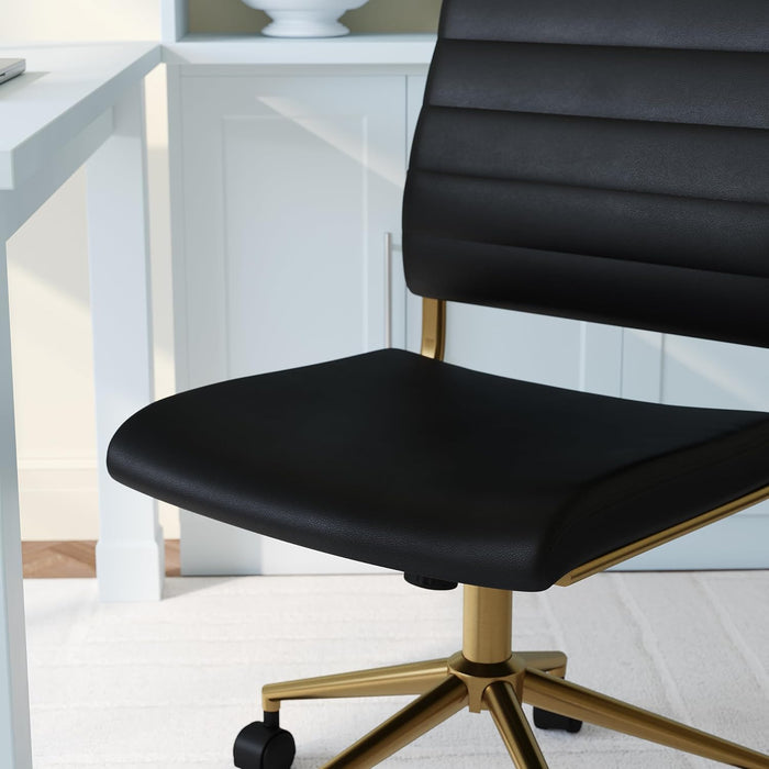 Ivy Armless Swivel Task Chair for Home Office in Black Faux Leather with Polished Brass Frame
