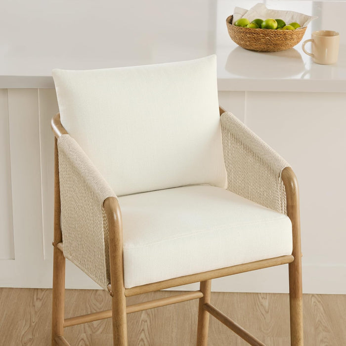 Paper Cord Braid Counter Height Barstools Set of 2, Fabric Upholstered Woven Rope Counter Stools with Back and Armrest for Kitchen Island Home Bar, 27" Seat Height, Cream