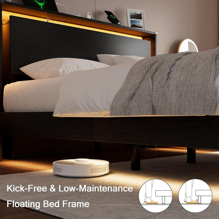 King Size Bed Frame with LED Lights & Charging Station – Wood Floating Bed Frame with Storage Headboard, Adhesive Slats, Kick-Free & Noise-Free Design, Easy Assembly, Black
