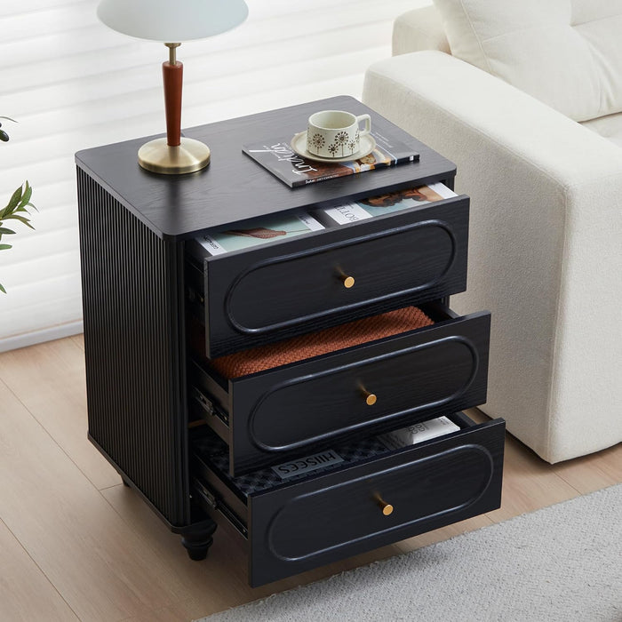 3 Drawer Fluted Dresser for Bedroom Set of 2, Mid Century Modern Chest of Drawers, Wood Storage Small Dresser Organizer for Bedroom Living Room Hallway Closet, Black