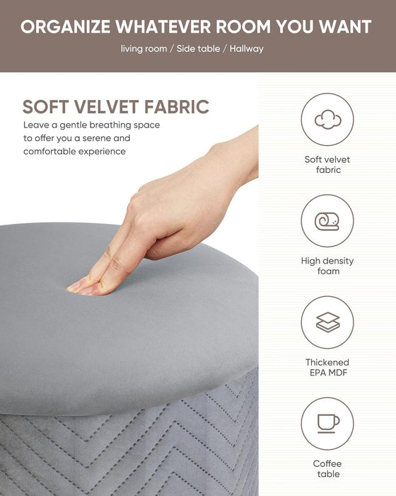 Ottoman with Stroage, round Velvet Storage Ottoman with Gold Plating Base,Foot Rest Stool for Dorm Room, Living Room Grey, 14.76"X14.76"X16.34"