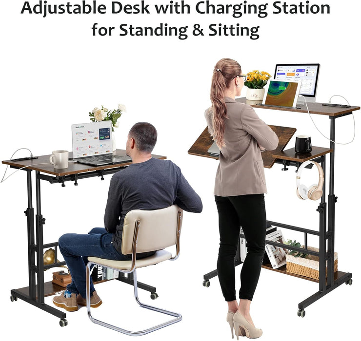 Mobile Standing Desk Adjustable Height, Rolling Desk Stand up Desk, Mobile Laptop Desk, Rolling Computer Desk with Charging Station, Portable Desk with Wheels, Rustic Brown