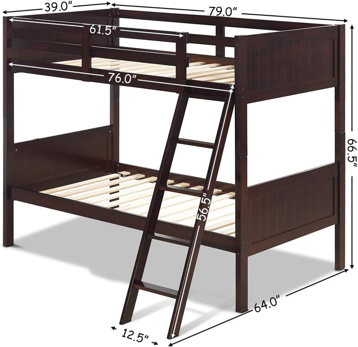 Wood Twin over Twin Bunk Beds Convertible 2 Individual Twin Beds for Kids Children, Solid Rubberwood Bunk Bed with Ladder and Safety Rail (Espresso)