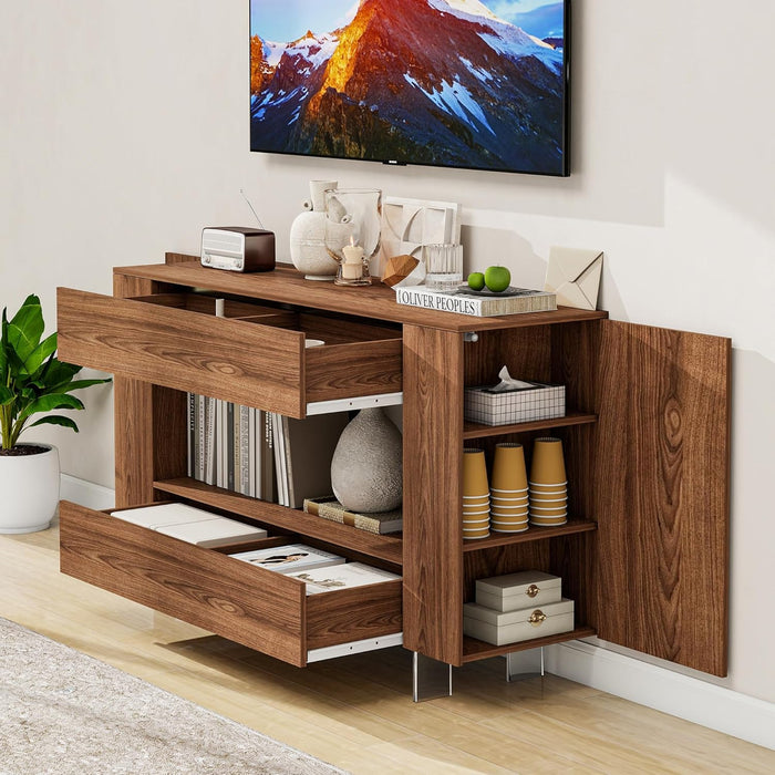 TV Stand for 55 Inch with 2 Large Drawers & Hidden Storage Cabinets, Modern Farmhouse Entertainment Center Television Stands for Living Room Bedroom, Walnut