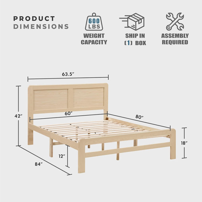 Queen Platform Bed, Faux Wood Veneer Platform Bed Frame with Panel Headboard, Strong Wooden Slats Support, No Box Spring Required, Easy Assembly, Natural