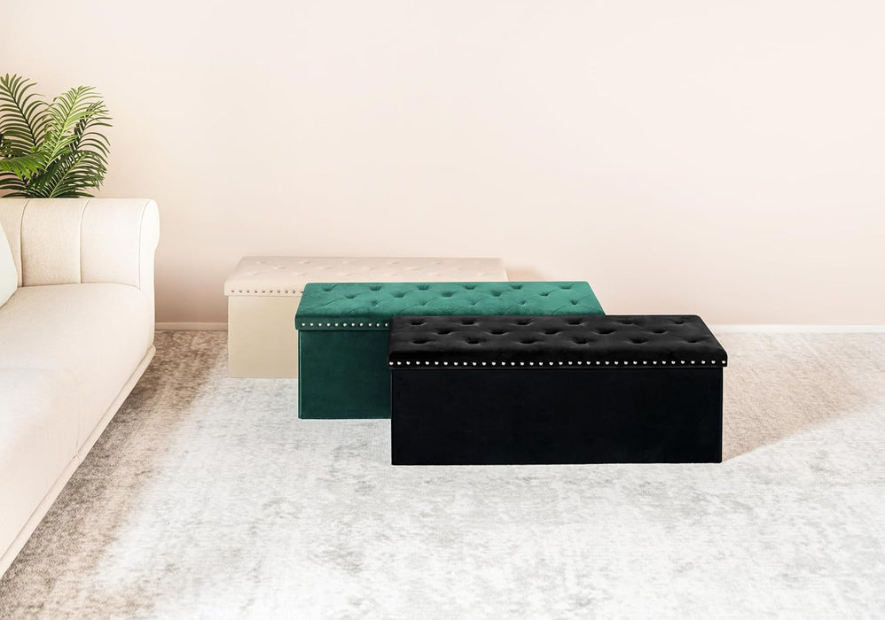 Black Storage Ottoman Bench for Bedroom, Folding Velvet Chest with Benches Foot Rest Stool, Large Long Shoes Chest for Bedroom, Living Room, 43.3"X15.7"X15.7"
