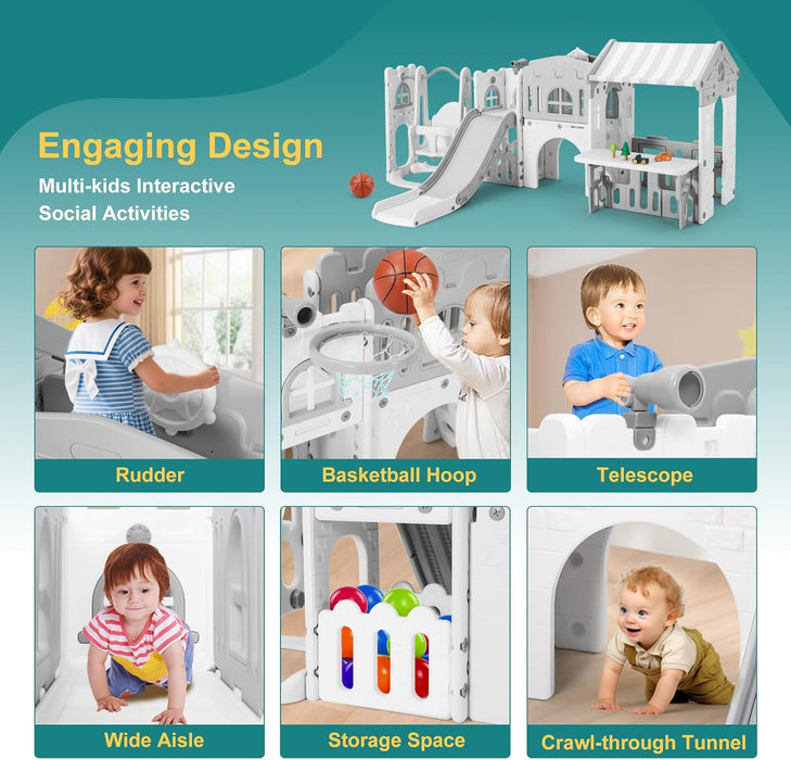 10 in 1 Toddler Slide, Freestanding Kid Climber Slide Playset, Toddler Playhouse with Slide and Swing, Basketball Hoop, Telescope, Indoor Outdoor Backyard Playground Toy for Toddlers Age 1-3+