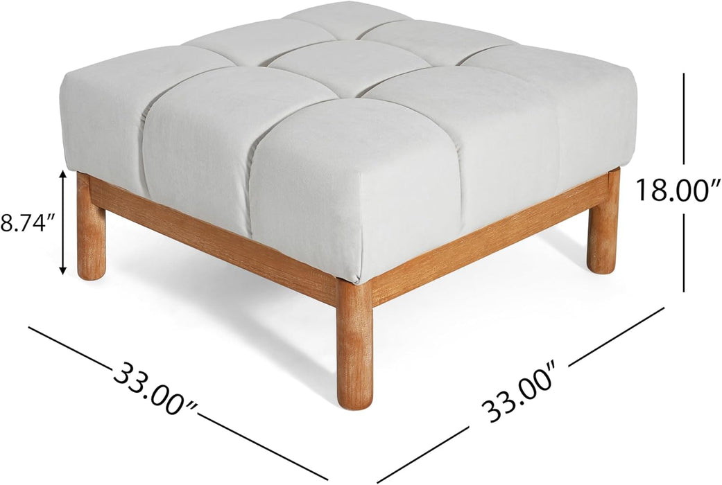 Annette Square Ottoman Footstool with Grid Tufting, Living Room Sofa Ottoman with Wood Frame, Fabric Upholstery Coffee Table, Comfy Seating with Dense Foam Padding, White