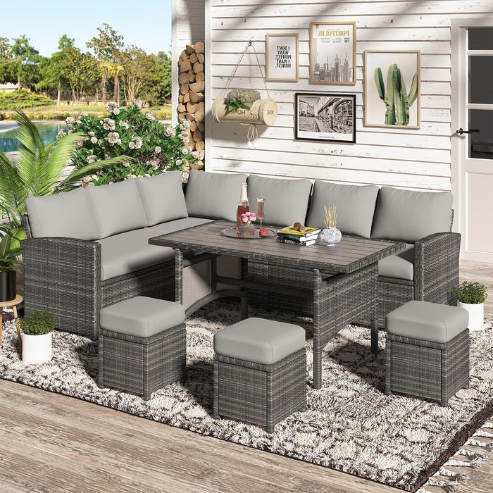 7 Pieces Patio Furniture Set, Outdoor Sectional Sofa Conversation Set, All Weather Wicker Rattan Dining Table & Chair with Ottoman, Grey Rattan&Grey Cushion