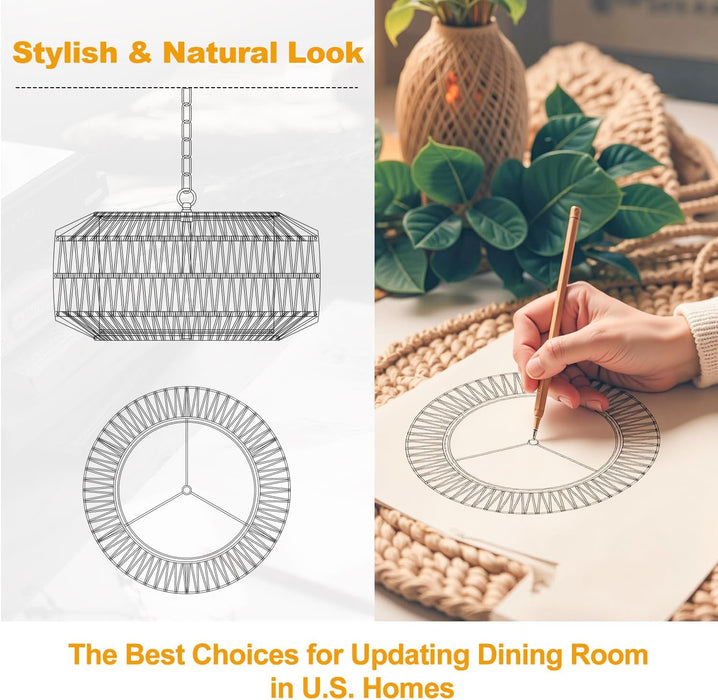 Five Light Rattan Farmhouse Chandelier Linen Shade