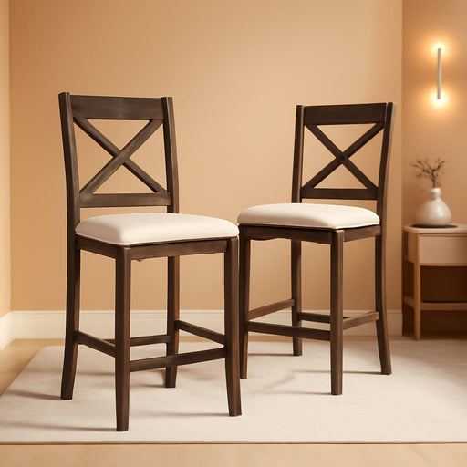 24" Farmhouse Bar Stools Set of 2, Cross Back Counter Height Chairs with Padded Linen Upholstered Seat & Footrest, Wooden Barstools for Kitchen Island, Dining Room, Cafe, Dark Brown & Cream