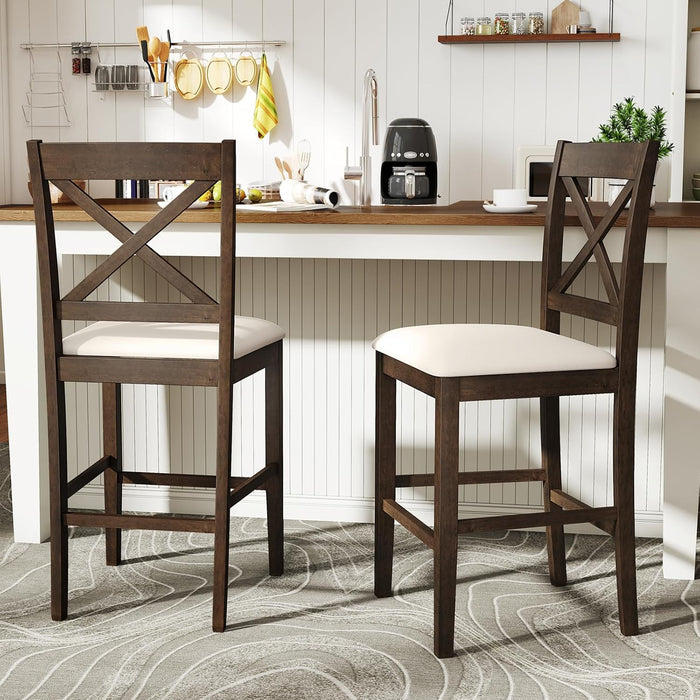 24" Farmhouse Bar Stools Set of 2, Cross Back Counter Height Chairs with Padded Linen Upholstered Seat & Footrest, Wooden Barstools for Kitchen Island, Dining Room, Cafe, Dark Brown & Cream