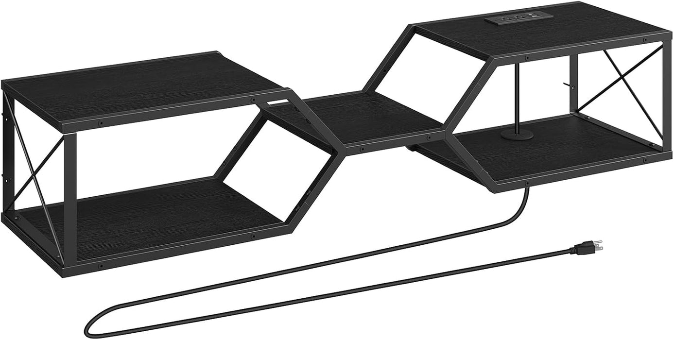 Floating TV Stand with Power Outlet, Wall-Mounted TV Shelf with X-Shaped Frame, Floating Entertainment Center with Storage, for Living Room, Bedroom, Black TVBK301E01