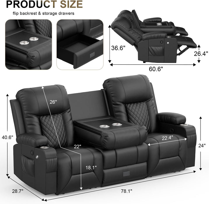 3 Seat Recliner Sofa with Flip Backrest Design, Loveseat Reclining Sofa with Storage Drawer, USB Ports, 2 Cell Phone Holder, Loveseat Recliner Couch for Living Room