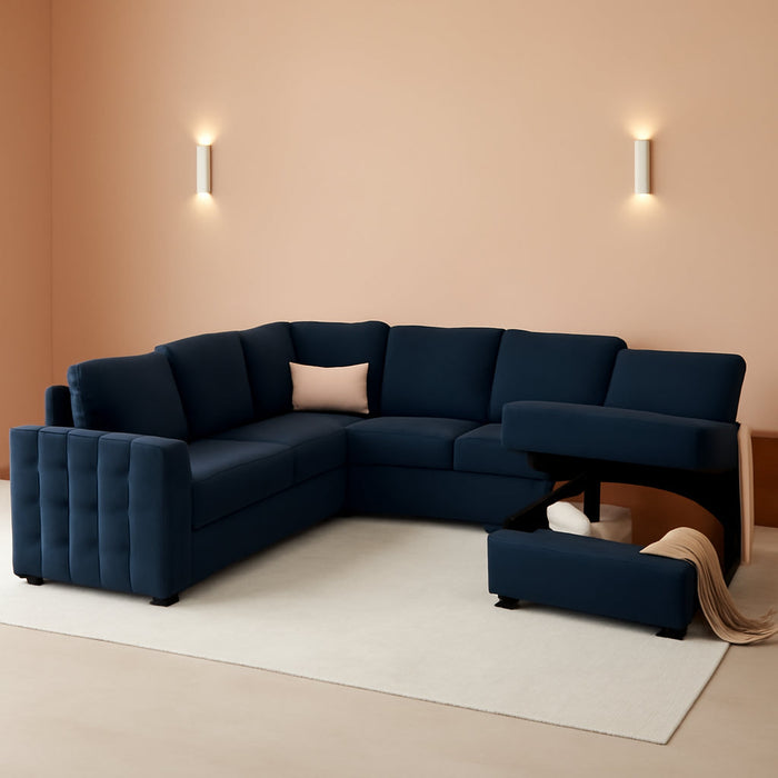 Sleeper Sectional Sofa with Pull Out Bed U Shaped Sectional Couch with Storage Chaise Velvet Sectional Sleeper Sofa Bed for Living Room, Dark Blue