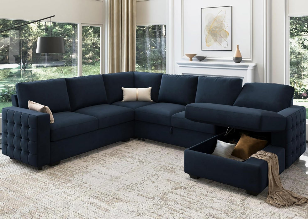 Sleeper Sectional Sofa with Pull Out Bed U Shaped Sectional Couch with Storage Chaise Velvet Sectional Sleeper Sofa Bed for Living Room, Dark Blue