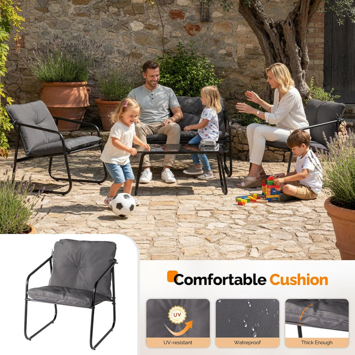 4 Piece Patio Conversation Set, Outdoor Furniture Set with Glass Coffee Table & Comfortable Cushion, All-Weather Cushioned Seating for Garden, Backyard, Porch, Grey