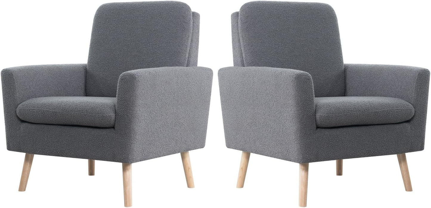 Frida Mid-Century Modern Chair, Durable Wood Frame Accent Chairs for Living Room, Reading Chair with Armrest, Soft Teddy Fleece Accent Chair for Bedroom, Oak Legs Armchair - Gray