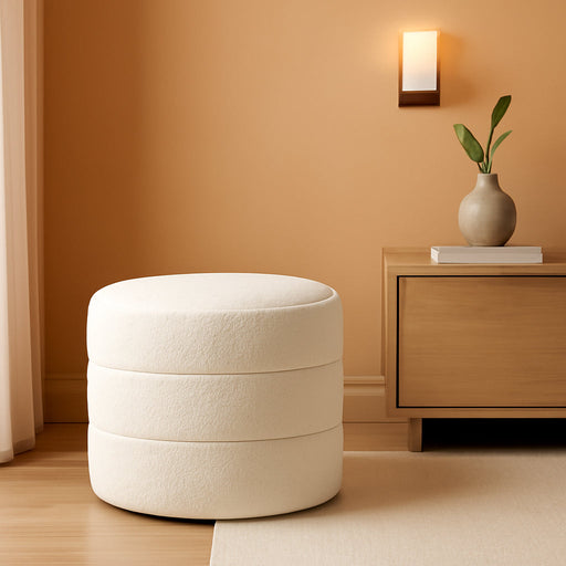 Storage round Ottoman with Removable Lid | Home Décor|Upholstered round Foot Rest Ottoman - Cream Boucle