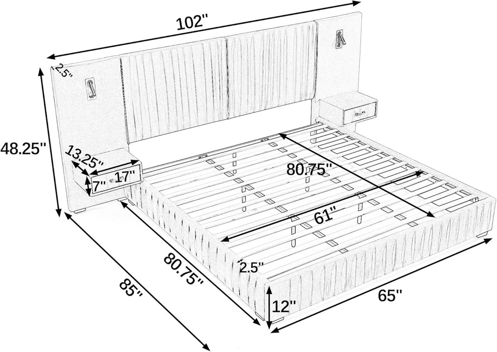 Queen Size Bed Frame with Built-In LED Lights and Nightstands, Chenille Upholstered Queen Platform Bed with Oversize Headboard,Pleated Design Grounded Bed,No Box Spring Needed,Beige