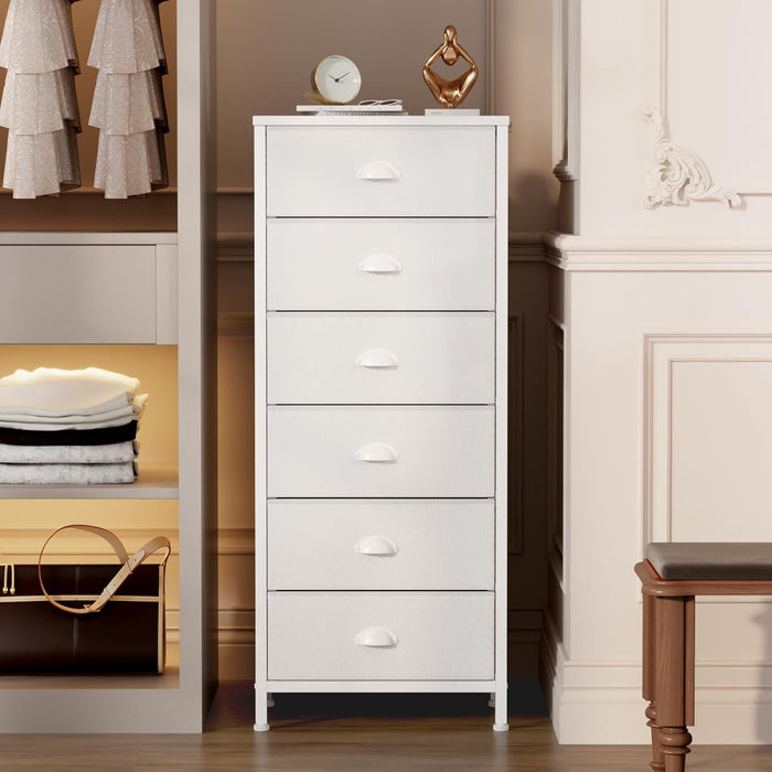 White Tall Dresser With Fabric Drawers Organization