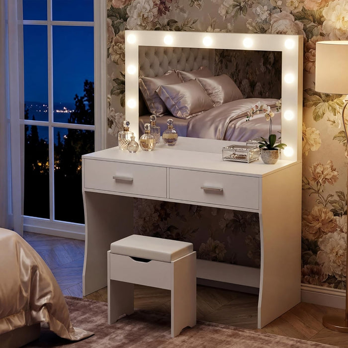 White Vanity Desk With Oversized Illuminated Mirror