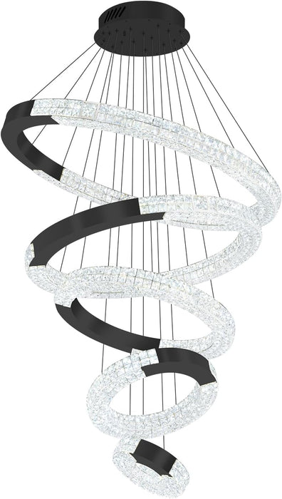 5 Ring Large Black Chandeliers Luxury Modern Crystal Chandelier Lighting, High Ceiling Chandelier for Foyer Staircase D12''+20''+27.5''+35''+43''