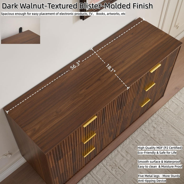 Dark Walnut Fluted 6 Drawers Dresser for Bedroom with Gold Handle